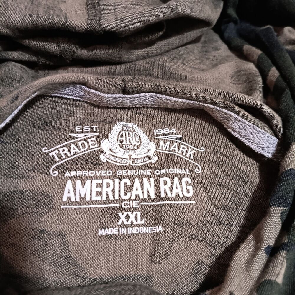 American Rag Camo Hooded T Shirt Mens Size 2XL With Pocket Gray With Drawstring - Picture 3 of 5